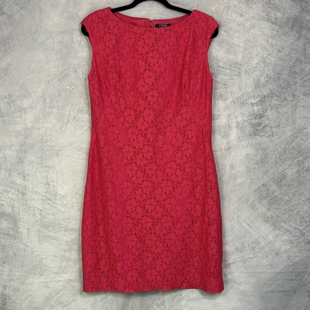 Chaps Pink Floral Lace Sheath Dress Sleeveless Cocktail Sz 10 wedding guest